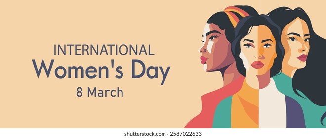 Vector horizontal banner for Women's Day on March 8. Women of different cultures and skin colors stand together. Gender equality and women's empowerment. For women's projects and place for text