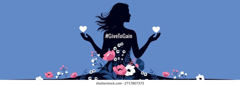 Vector horizontal banner for Women's Day, March 8. Silhouette woman holding heart surrounded by flowers with GiveToGain hashtag. Blue background offers space for text for feminist posters, empowerment