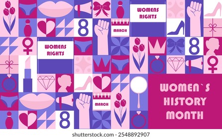 Banner horizontal vetorial para o Mês da História das Mulheres com elementos geométricos incluindo tulipas, batom, arco, sapatos, alto-falante, perfume, anel, diamante, calcinhas e silhueta da mulher