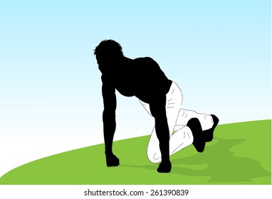 Vector horizontal banner with Young athlete  starting to run 