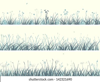 Vector of horizontal banners abstract meadow grass with flowers in pale yellow green.