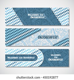 Vector horizontal banners bavarian pattern flag oktoberfest. On Background blue rhombus ticket invitation - symbols Oktoberfest: mug beer, pretzel, hat, leaf. Flyer bavaria fest, web panoramic header