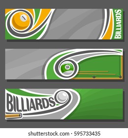 Vector horizontal Banners for Billiards: 3 cartoon covers for title text on snooker theme, billiards table, 1, 14 numbers, cue hit pool ball, abstract headers banner for inscription on gray background
