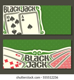 Vector horizontal banners of Black Jack for text: combination playing card of ace spades ten 10 diamonds suits for gamble game on green felt blackjack table in casino, banner for black jack tournament