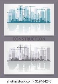 Vector horizontal banners with city skyline constructions, with reflections