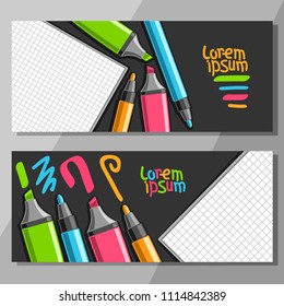 Vector horizontal Banners with colorful Markers, 2 layouts with blank checkered note book, set of vivid felt tip pens and highlight markers, design template with copy space for advertising text