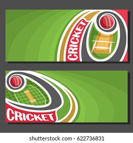 Vector Horizontal Banners For Cricket Game: 2 Layouts For Title On Cricket Theme, Red Ball Flying On Curve Above Pitch On Checkered Field, Art Banner For Text On Green Background, Sports Invite Ticket