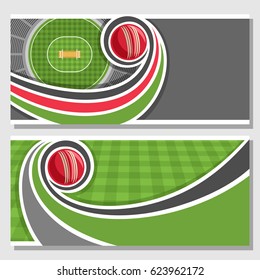 Vector Horizontal Banners For Cricket Game: Red Ball Flying On Curve On Stadium, On Top View Field Checkered Grass Pattern, Layouts For Title Text On Cricket Theme, Gray Background For Inscriptions.