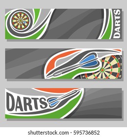 Vector horizontal Banners for Darts board: 3 cartoon covers for title text on dart Dartboard theme, arrow throwing in target dartboard goal, abstract headers banner for inscription on grey background.