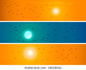 Vector of horizontal banners: flying birds against orange sunset and moon.