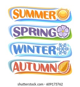 Vector Horizontal Banners Four Seasons: Spring - Lavender Flower Sharon, Summer - Hot Sunshine, Autumn - Fall Leaf, Winter - Frost Snowflake, Abstract Logos All 4 Seasons Isolated On White Background.