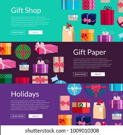Vector horizontal banners with a lot of gift boxes or packages illustration