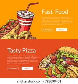 Vector horizontal banners with hand drawn colored fast food elements illustration