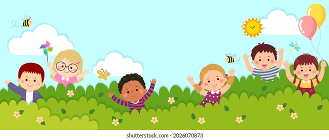 Vector horizontal banners with happy kids standing behind the bushes in paper cut style. Happy Children’s day background with place for text.