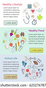 Vector horizontal banners of icons for your web design. Banner includes icons of healthy food and sport. Healthy lifestyle concept in flat design.