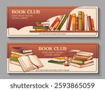 Vector horizontal banners with illustrations of books. Stack of books, open book, standing books. Background for banner, card, flyer, discount. Concept of book lover, bookstore, library, book club. 