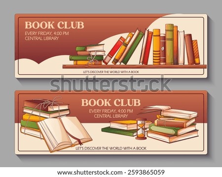 Vector horizontal banners with illustrations of books. Stack of books, open book, standing books. Background for banner, card, flyer, discount. Concept of book lover, bookstore, library, book club. 