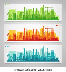 Vector horizontal  banners with industrial part of city: factories, refineries and power plants.