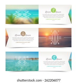 Vector horizontal banners with line drawing summer vacation and travel signs and emblems