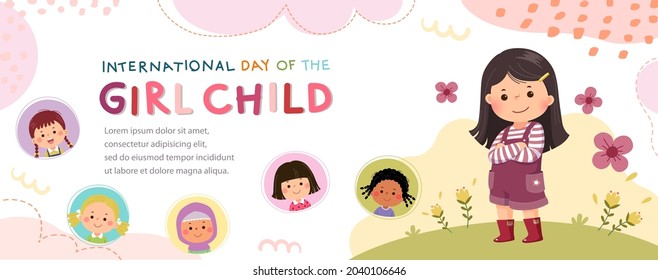 Vector horizontal banners with a little girl hugging herself. International Day of the girl child. - Shutterstock ID 2040106646