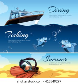 Vector horizontal banners with pictures of diving. Rest on the yacht and sea fishing. Blue small fishes. Red flippers on the sea sand