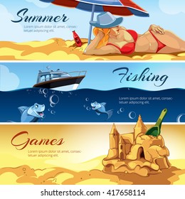 vector horizontal banners with pictures of summer rest. Girl a red bathing suit sunbathes on the beach. rest on the yacht. Sea fishing. Blue small fishes. Sand castles