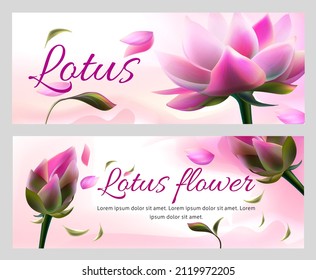 Vector horizontal banners with pink lotus flower and flying petals on white background. Packaging design for ayurveda products or natural aroma spa cosmetic. Greeting card or invitation card template