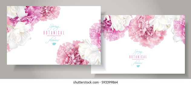 Vector horizontal banners with pink peony and white tulip flowers on white background. Romantic design for natural cosmetics, perfume, women products. Can be used as greeting card, wedding invitation