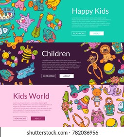 Vector horizontal banners with place for text and hand drawn children or kid toys elements illustration