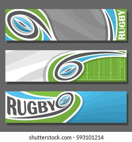 Vector horizontal Banners for Rugby: 3 cartoon covers for title text on rugby theme, sports field with blue oval flying on trajectory ball, abstract headers banner for advertising on gray background.