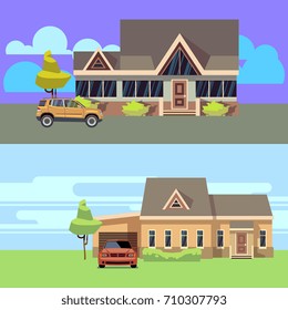 Vector horizontal banners set with houses with cars. Flat vector illustration. Home with car, cottage residential and garage