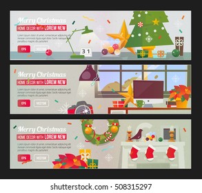 Vector Horizontal Banners set with Merry Christmas and Happy New Year Decor Interior. Workplace with decorations. Fireplace. Christmas home flat design concept.