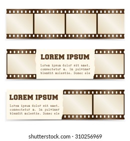 Vector horizontal banners set with with retro film strips. Use for movies, cinema, theater, festival, show etc.  Extensive use - www, website, web, backdrop, card, poster, label etc. Eps 10.
