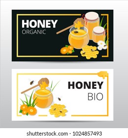 Vector horizontal banners set with sweet honey, honeycomb and jar full of natural flower honey isolated on white background
