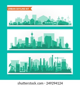 Vector horizontal banners skyline Kit with various parts of city: factories, refineries, power plants and small towns or suburbs. Illustration divided on layers for create parallax effect