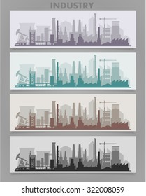 Vector horizontal banners skyline Kit with industrial parts of city: factories, power plants. Illustration divided on layers for create parallax effect