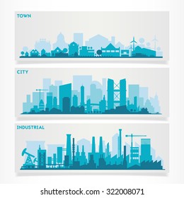 Vector horizontal banners skyline Kit with various parts of city: factories, refineries, power plants and small towns or suburbs. Illustration divided on layers for create parallax effect