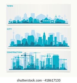 Vector horizontal banners skyline Kit with various parts of city: constructions, factories, refineries and small towns or suburbs. Illustration divided on layers for create parallax effect