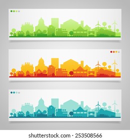 Vector horizontal banners of small town or village.