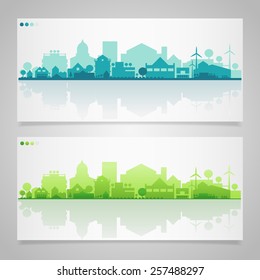 Vector horizontal banners of small town or village with relections