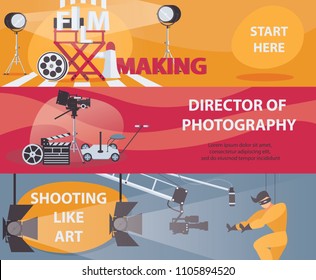 Vector horizontal banners templates about filming and cinema. Banner with film making stuff, director of photography, acting. Set of designs.