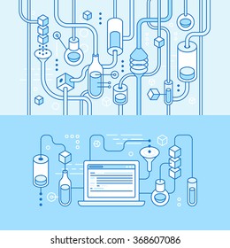 Vector horizontal banners in trendy flat linear style for websites for app development business - chemistry and lab illustration