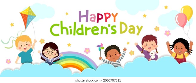 Vector horizontal banners World Children’s day with happy kids on the cloud. - Shutterstock ID 2060707511