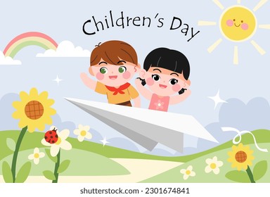 Vector horizontal banners World Children’s day with happy kids illustration