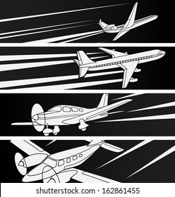 Vector horizontal black and white banners with large and small aircraft with traces.