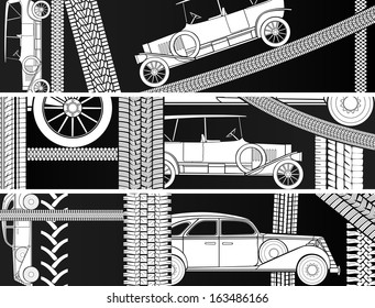 Vector horizontal black and white banners old vintage car with tire tracks and space for text.