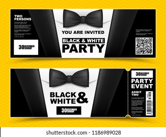 Vector horizontal black and white event invitations. Black bow tie businessmen banners. Elegant party ticket card with black suit and white shirt