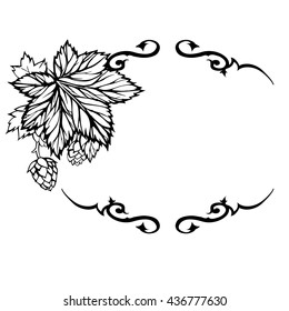 Vector horizontal black and white frame with hops/Hand drawn carved leaves, branches and flowers of hops