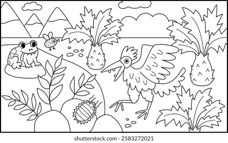 Vector horizontal black and white scene with ancient bird archeopteryx. Dinosaur period line landscape illustration. Cute prehistoric coloring page with frog, fly, mountains, palm trees, insect
