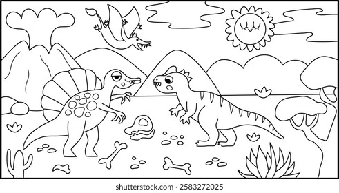 Vector horizontal black and white scene with allosaurus and spinosaurus in the desert. Dinosaur line landscape illustration. Cute prehistoric coloring page with raptors, bones, volcano